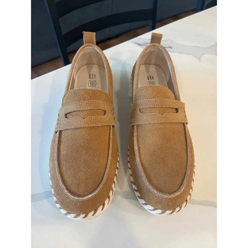 Project Cloud Filide.A Tan Suede Penny Loafers Womens 8.5 Memory Foam‎ Platform